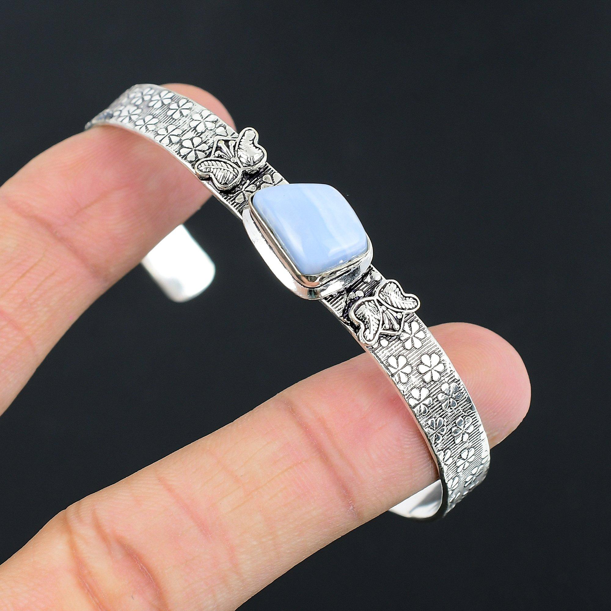 

Womens day Deal 925 Silver Owyhee Blue Opal Stone Wife Birthday Bangle Bracelet Adjustable