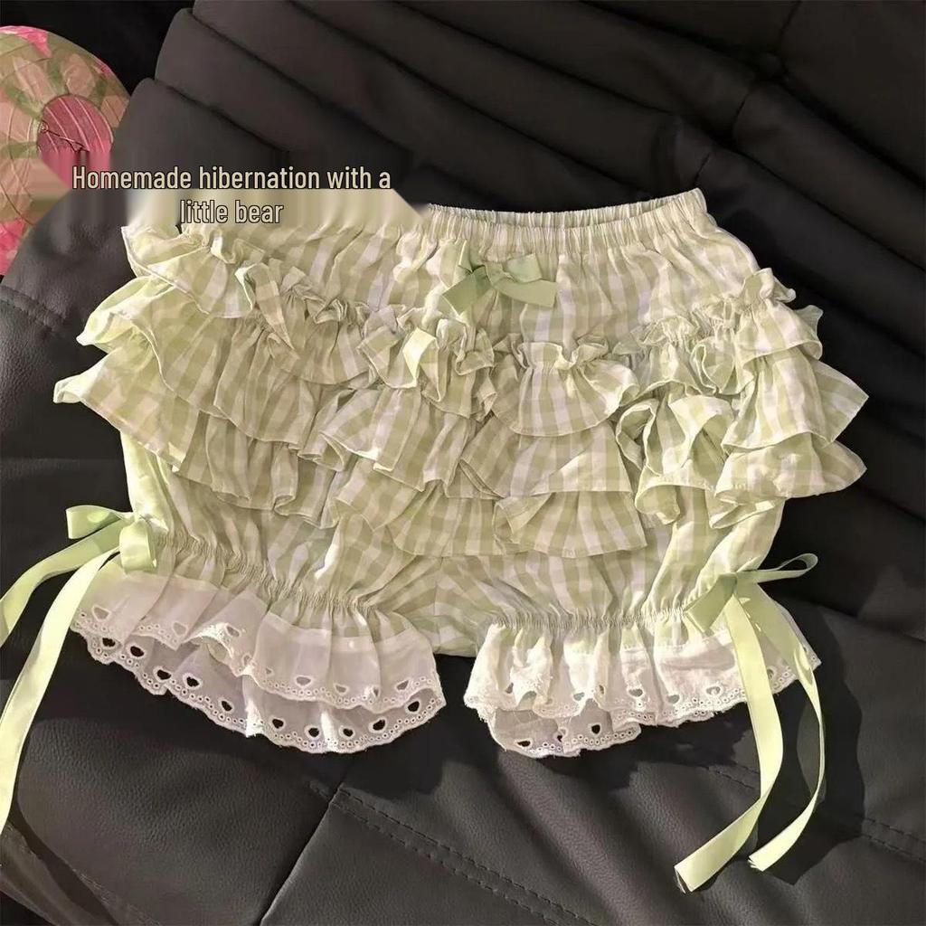 Grün & Weiß Karierter Elastischer Schleifenspitzen-Skort - Niedlich, Vielseitig, Petite, Sommer 2025 Edition