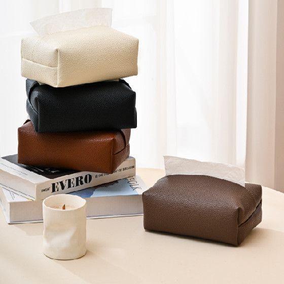 Creative Lychee Pattern Leather Tissue Box - Waterproof, Stain-proof, and Soft Upholstered for Home, Car, or Desktop Luxury Storage.