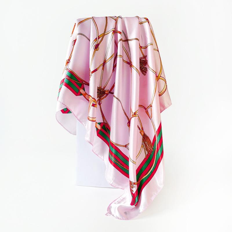 Versatile chain 90cm silk scarf square scarf high-end women's shawl retro printing satin bag headscarf
