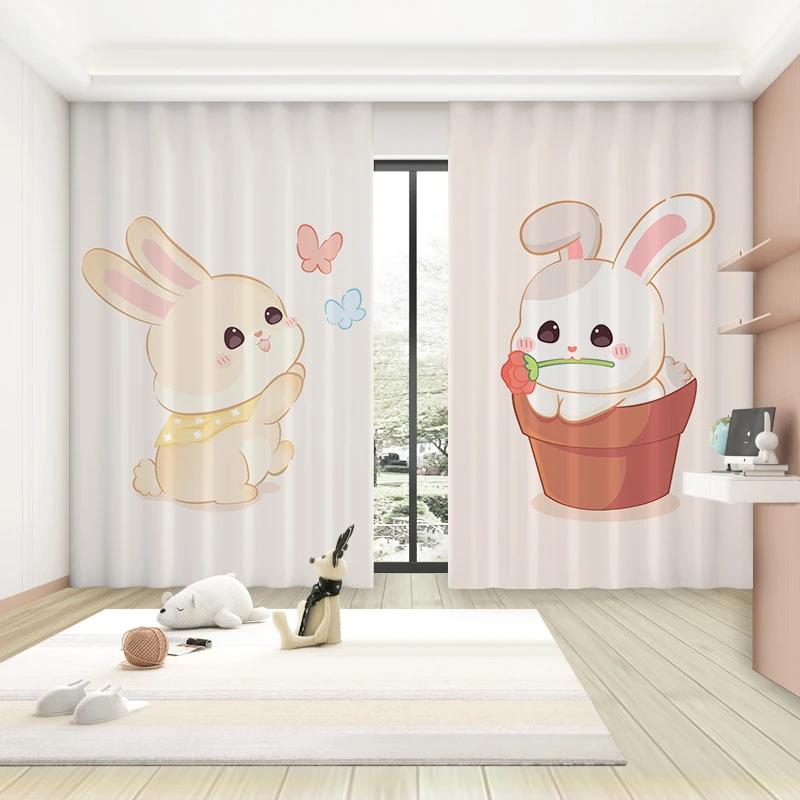 Trendy Cartoon Cute Style High Blackout Curtains Pink Bunny Girl Princess Bedroom Living Room Window Shading Curtain 2 Pieces