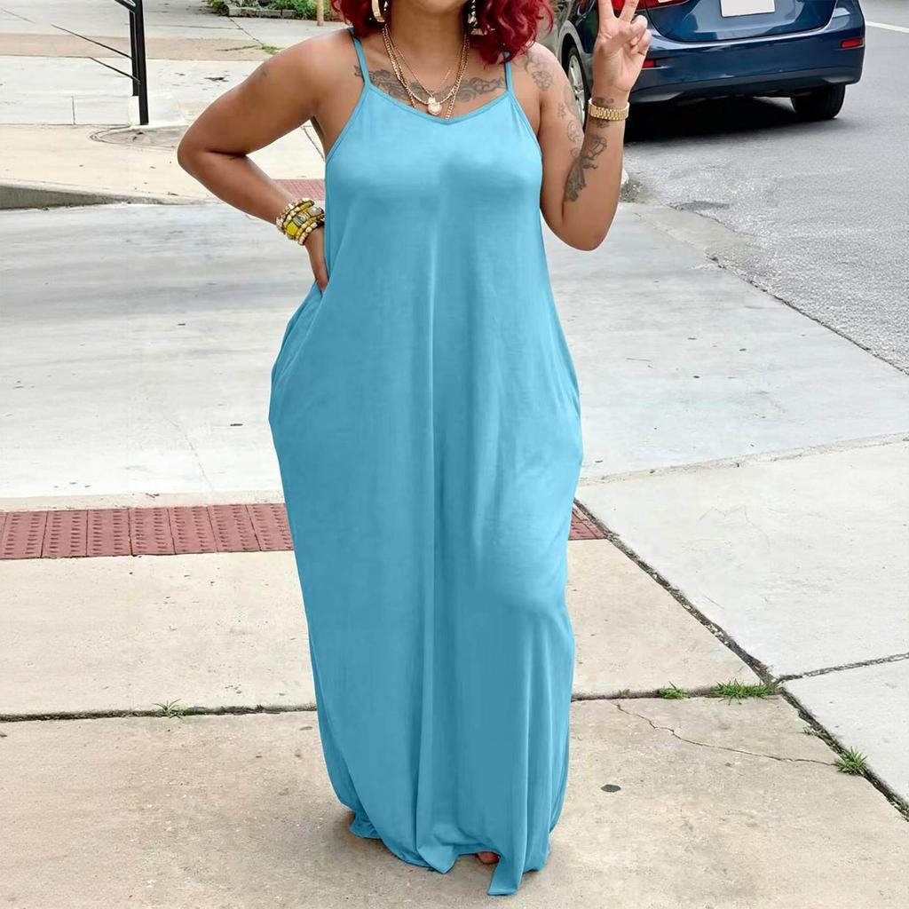 Women's Loose Fit Sleeveless Maxi Dress Casual Spaghetti Strap Relaxed Style Long Dress with Pockets for Summer Fashion