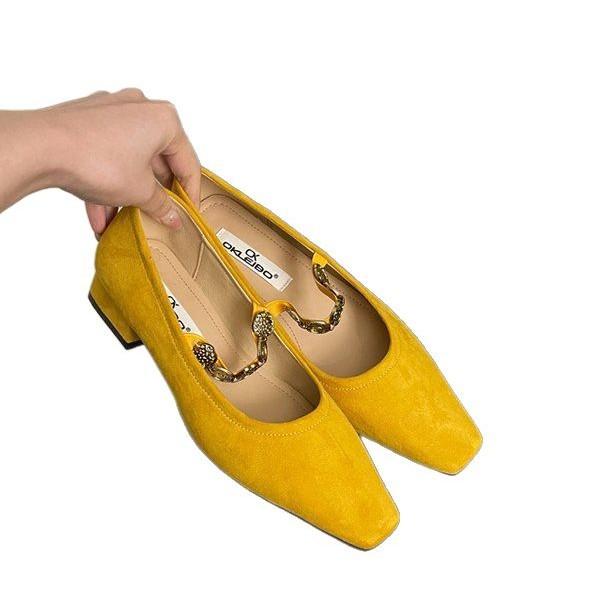 French retro gentle low-heeled single shoes 2025 square head suede late evening wind grandma shoes metal buckle Mary Jane shoes