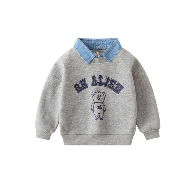 Kids False Two-Piece Sweaters Fleece-lined Children's Clothing Boys' Denim Collar Polo Tops Boys' Polar Fleece Lapel Clothes