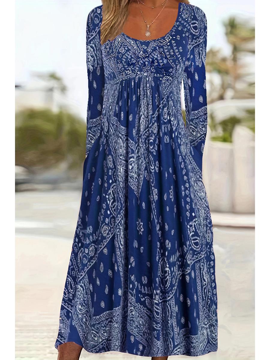 

2025 Cross-border European & American Autumn Floral Long Sleeve Maxi Dress Small синий