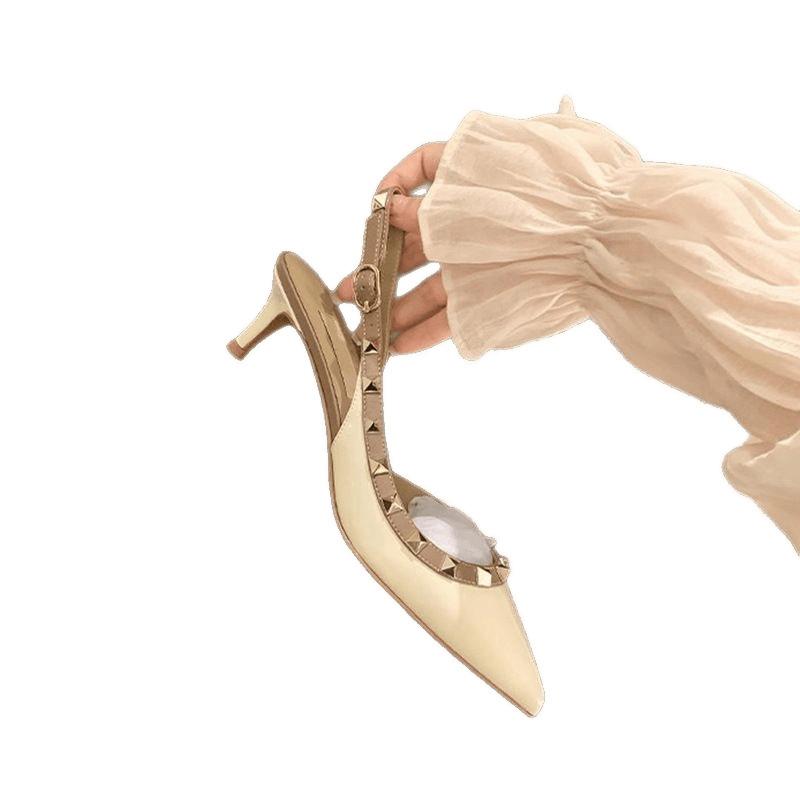 Rivet high heels women's thin heels pointed toe nude single shoes summer new side empty willow sandals women's outer wear