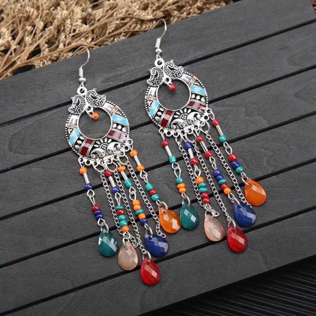 Bohemian Turquoise Owl Dream Catcher Tassel Earrings for Women