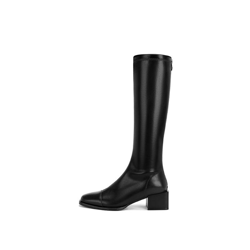 Cowhide~ Two versions of square head rear zipper thick heel elastic high boots women's thin short boots