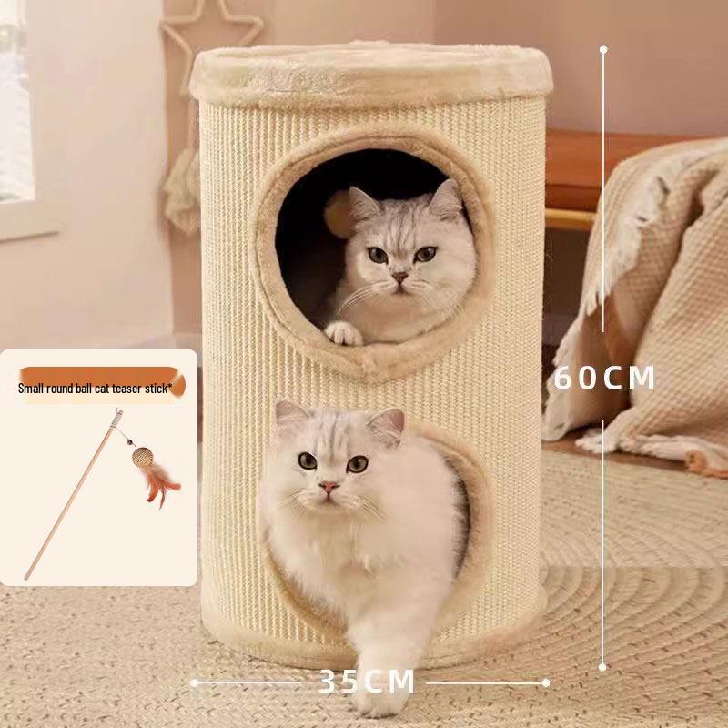 Compact Cat Tree & Bed with Enclosed Two-Layer Design, Scratching Board, Sisal Barrel - All-Season