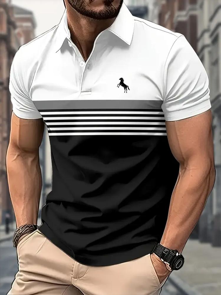 Men'S Casual Short Sleeve Polo Shirt Striped Color Block Design Sporty Style Collared Golf Shirt for Summer