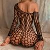 Women Fishnet Long Sleeve Bodycon Underwear Bodysuits Mesh Hollow Mini Dresses Sexy Crotchless Lingerie Erotic Teddies Bodysuit
