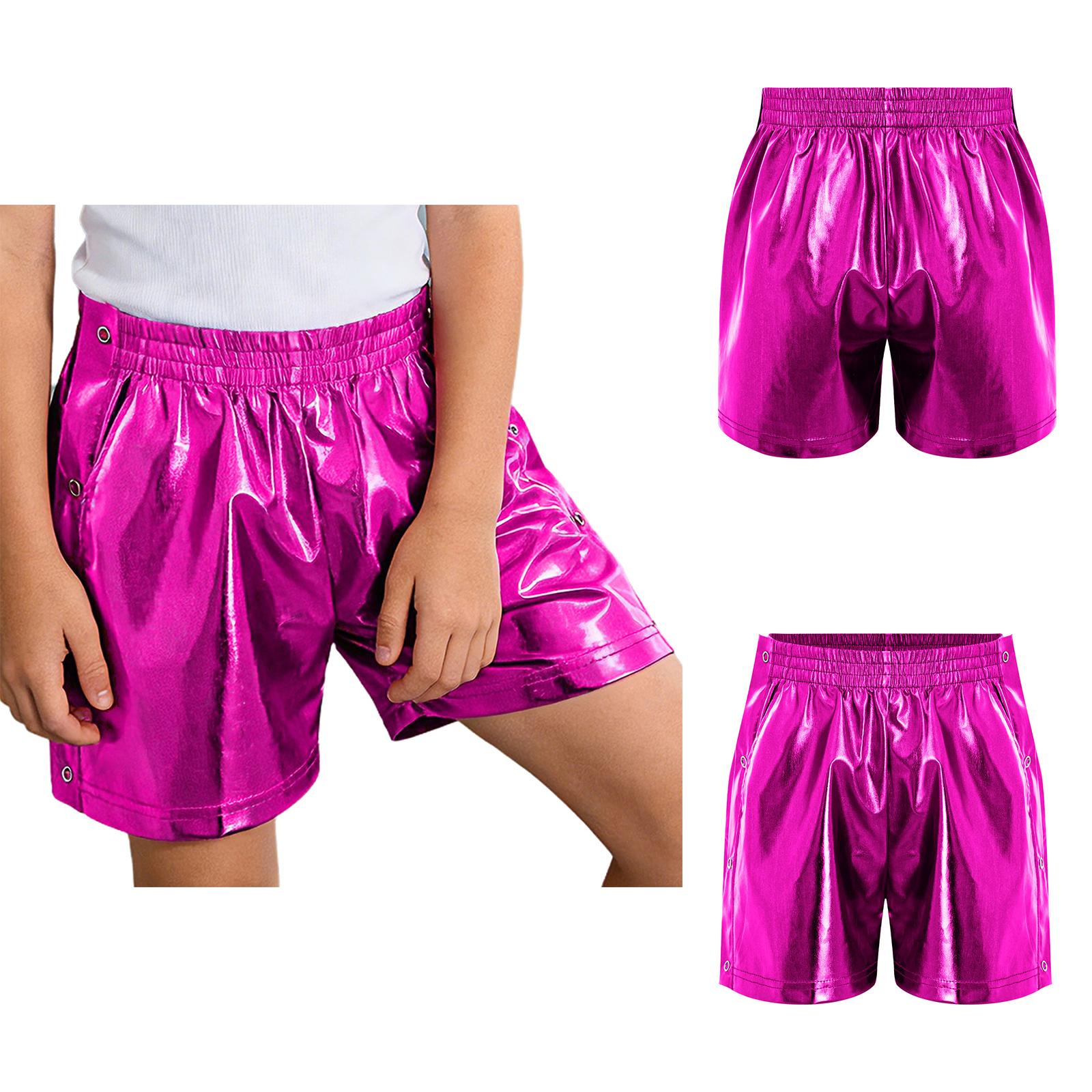 Unisex Kinder Metallische Shorts Elastischer Bund Seitlich abreißbare Druckknöpfe Seitentaschen für Hip Hop Tanzparty Bühnenauftritt 7-8 Years heißes rosa