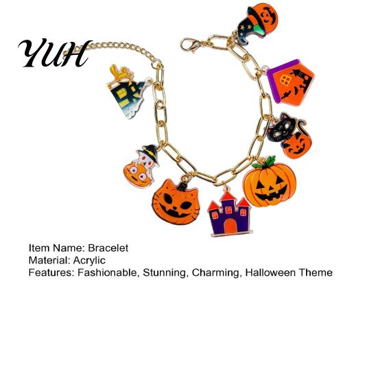 Cute Holiday Costume Accessory Halloween Charm Bracelets for Women, Spooky Pumpkin Cat Ghost Castle Pendant Adjustable Gift Girls Bracelet, Metal Drop