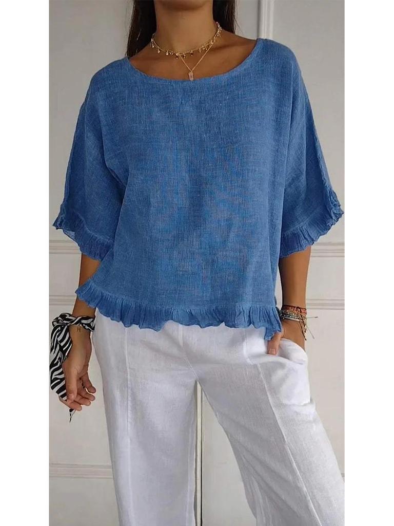 Women's European & American Casual Solid Color Ruffle Short Sleeve T-shirt