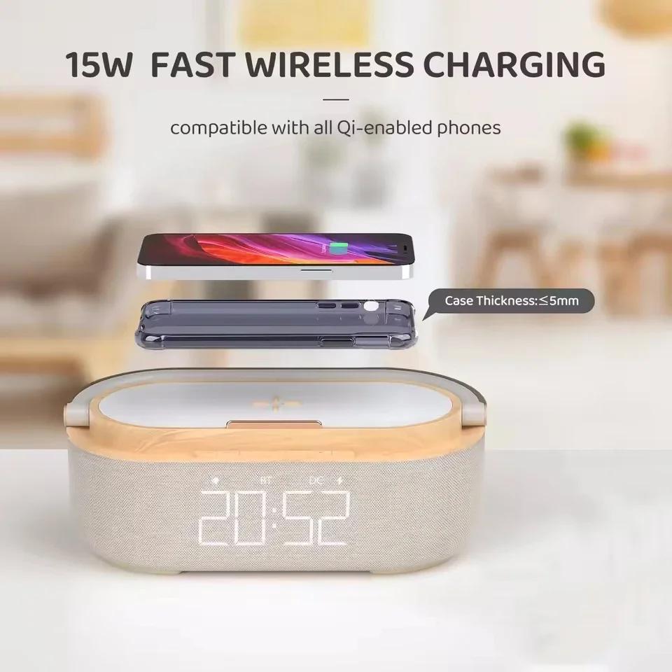 Bluetooth Speaker 2500Mah Battery With 15W Wireless Charging Display Night Light Digital Alarm Clock FM Radio Birthday Gift