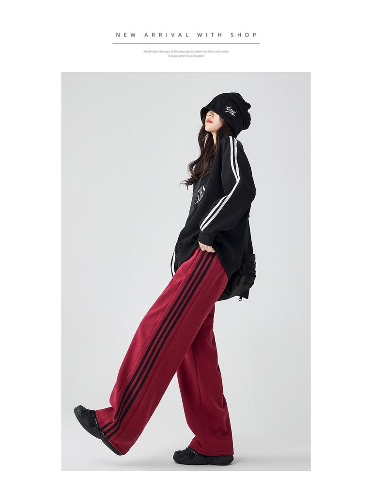 2025 Women's White-Gray Striped Wide-Leg Sweatpants: Spring/Autumn Casual Loose Fit Joggers