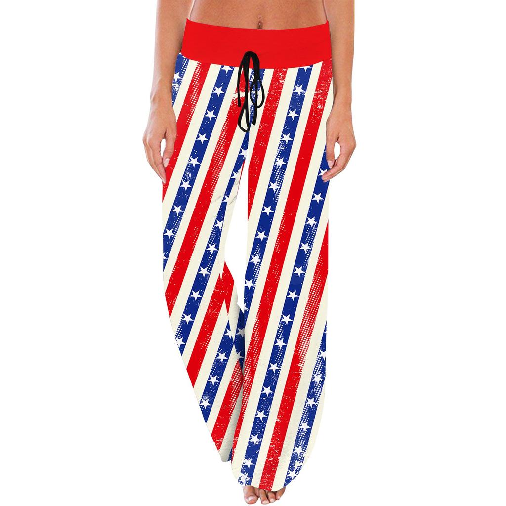 Damen Lässige Mode Komfort Pyjamahose Unabhängigkeitstag Print Kordelzug Weitbeinige Hose