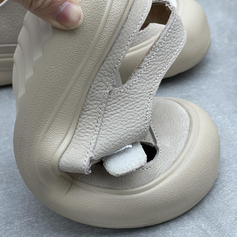 Johnature Жіночі повсякденні сандалі з натуральної шкіри з круглим носком, літні, з перфорацією, дихаючі, на м'якій підошві