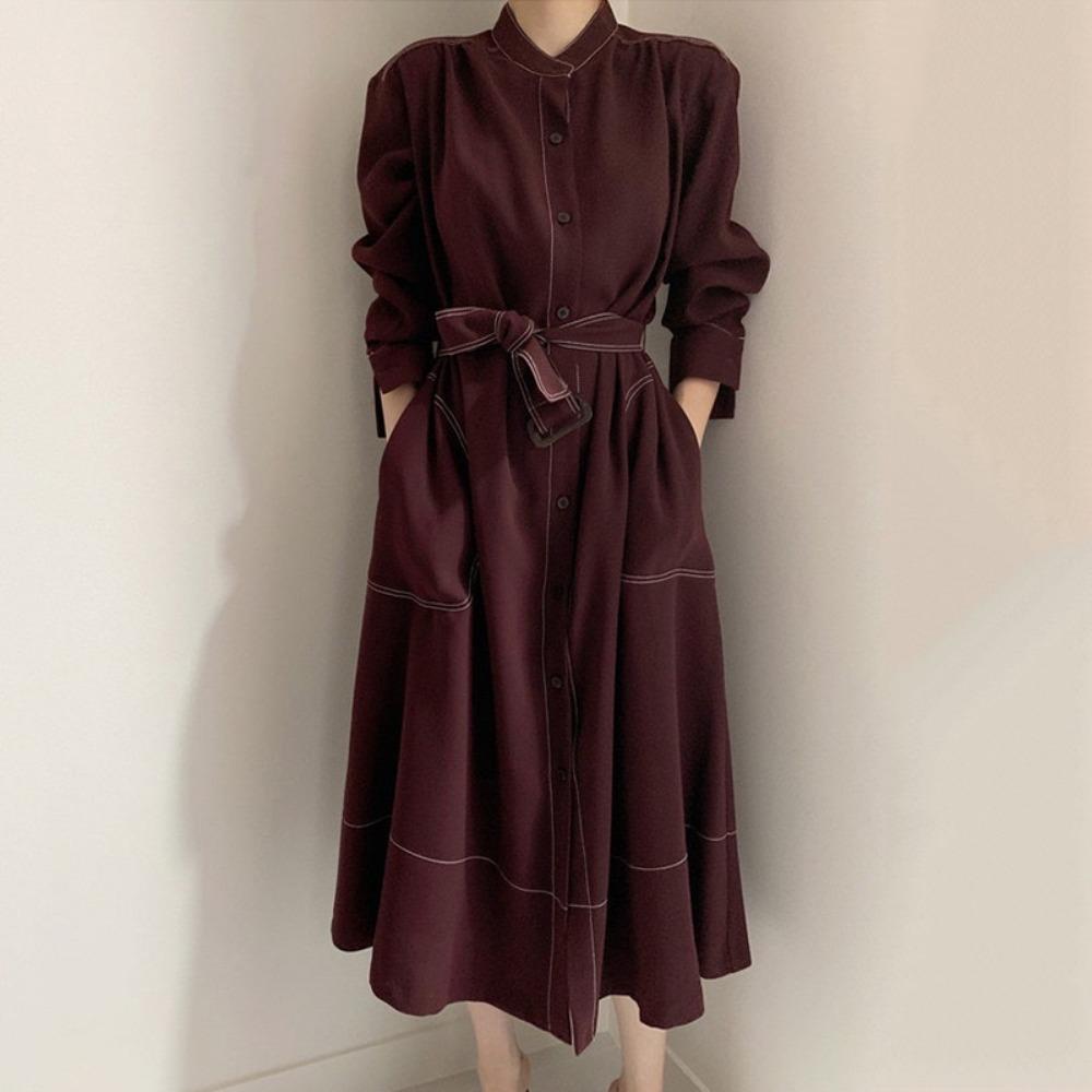 Single Breasted Women's Shirt Dresses Sashes New Stand Collar Casual Straight Dress Female