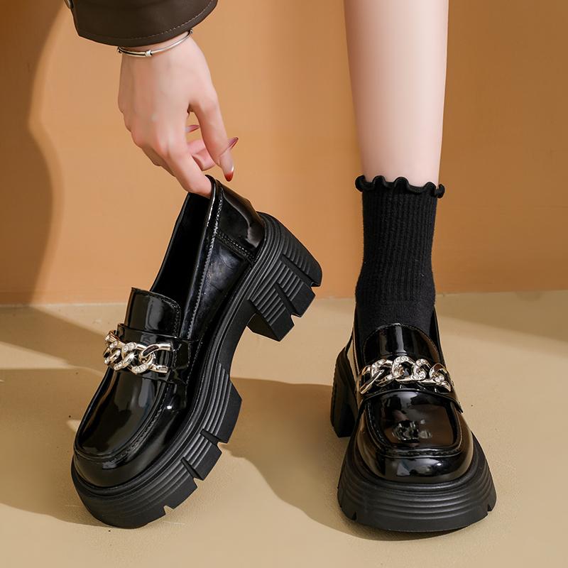 Metal Chain Loafers Autumn New Round Toe Deep Mouth Platform Sole Non-slip Wear-resistant Single Shoes