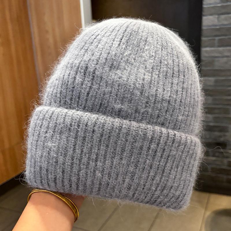 Winter angora rabbit fur warm solid color light board wool hat women's autumn and winter candy color vertical striped knitted hat