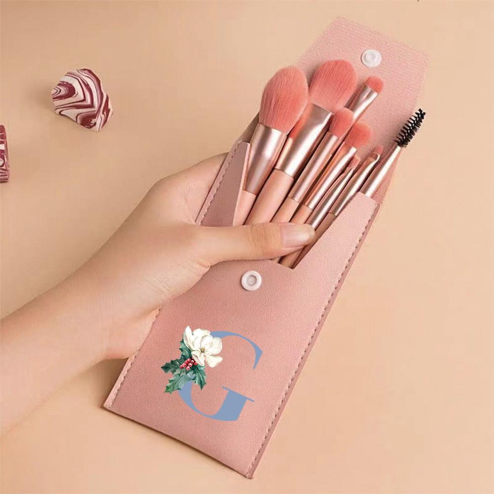 8pcs Pink Professional Makeup Brushes Set Soft Synthetic Bristles For Foundation, Blush With Travel Case Blue Pattern