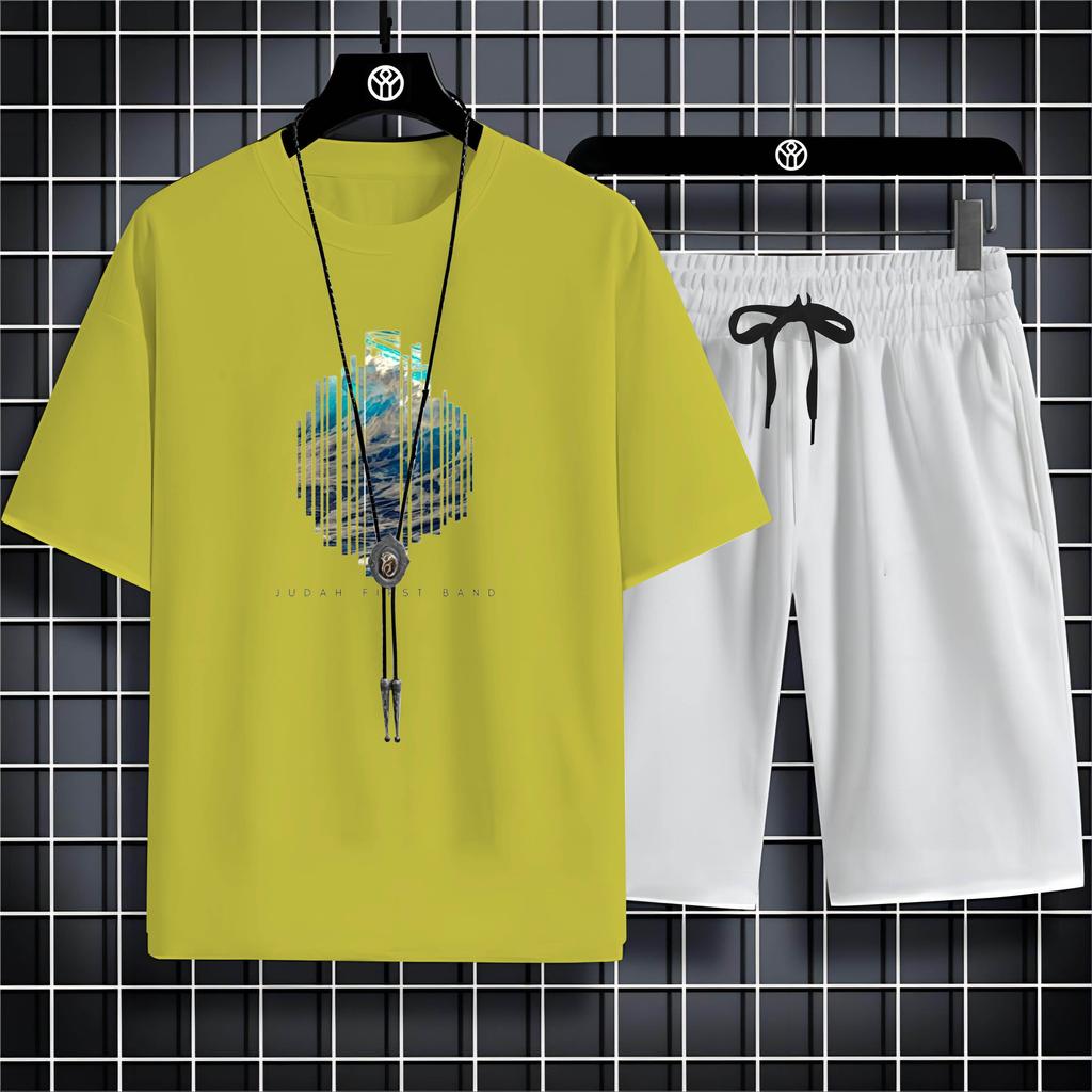 Fashion Four Seasons Casual Sports Style 2d Letter Print Adult Men'S Round Neck Loose Short Sleeve T-Shirt Trouser Set Quick Dry