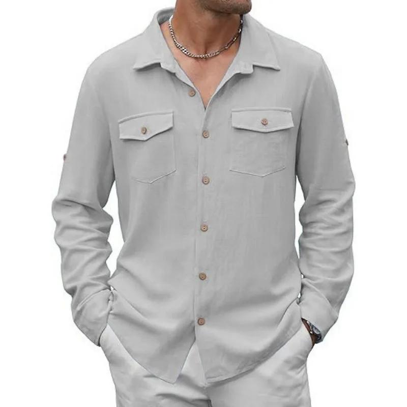 

Long Sleeve Shirt Casual Vaion Fashion Japanese Style New Men s Shirt Double Pocket Cotton Linen S серый
