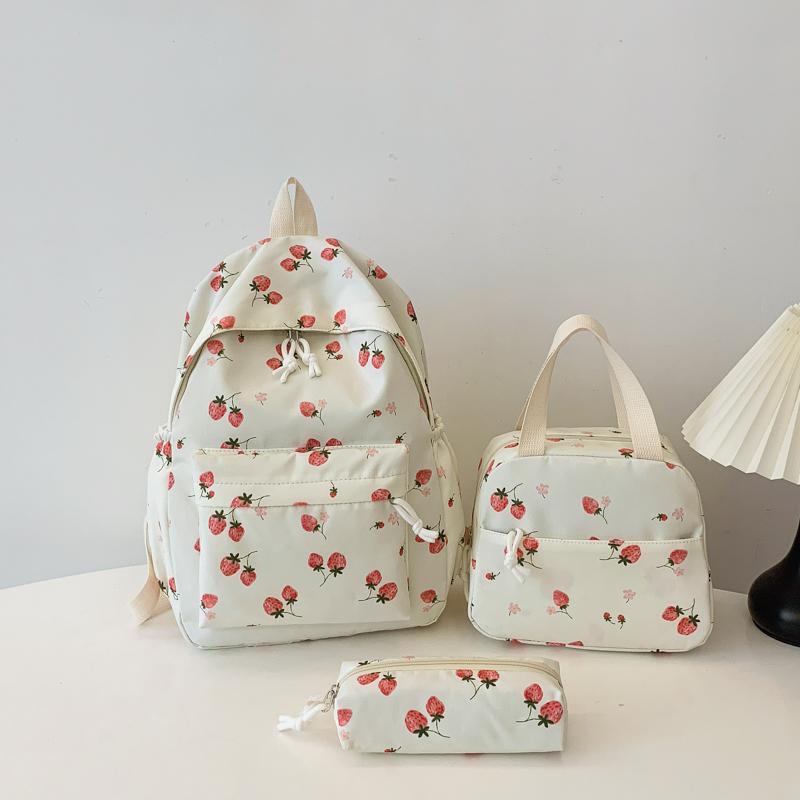 Cute Strawberry Pattern Backpack Set 3Pcs Handbag&pencil Case Reinforced Nylon Dual Zipper School Essentials Lightweight Commute