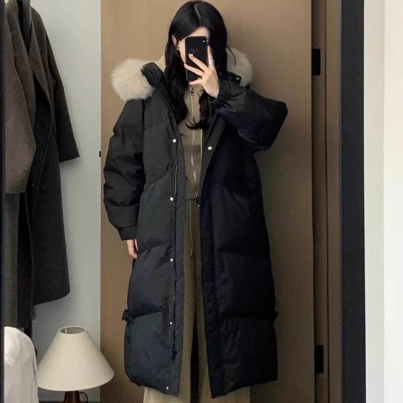 Women Over Knee Thick Warm Padded Cotton Winter Coat With Big Fur Collar