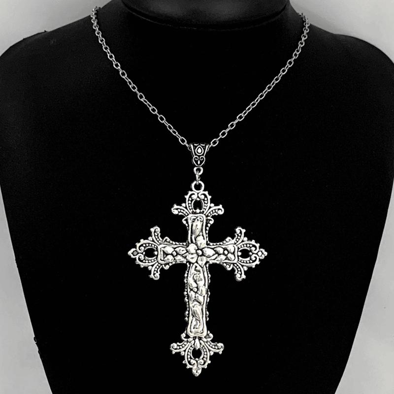 Gothic Cross, Gothic Black Style Hollow Cross Pendant Necklace, Punk Cool Necklace, Large Cross Silver Tone Necklace