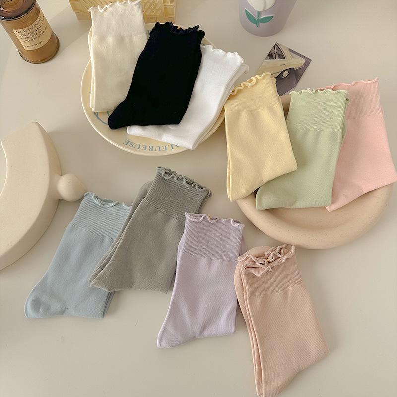 Women's Pure Cotton Ruffle Cuff Socks, Candy Colors, Anti-Odor, Sweat-Absorbing