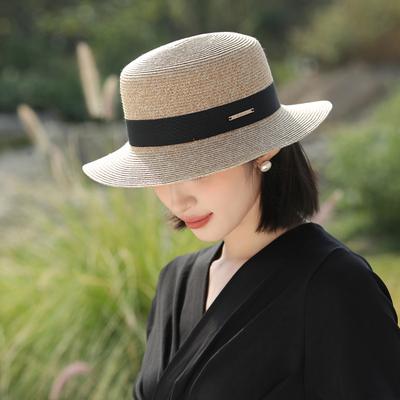 Summer Hat Women's Seaside Beach Lafite Straw Hat Sunscreen Sunshade Woven Flat Top Top Hat Big Head Circumference Sun Hat
