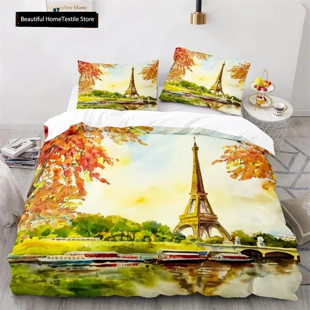Comforter Luxury New 3D Print Eiffel Tower Lake Colourful Cloud Beautiful Landscape Bedding Set King Size Comforter