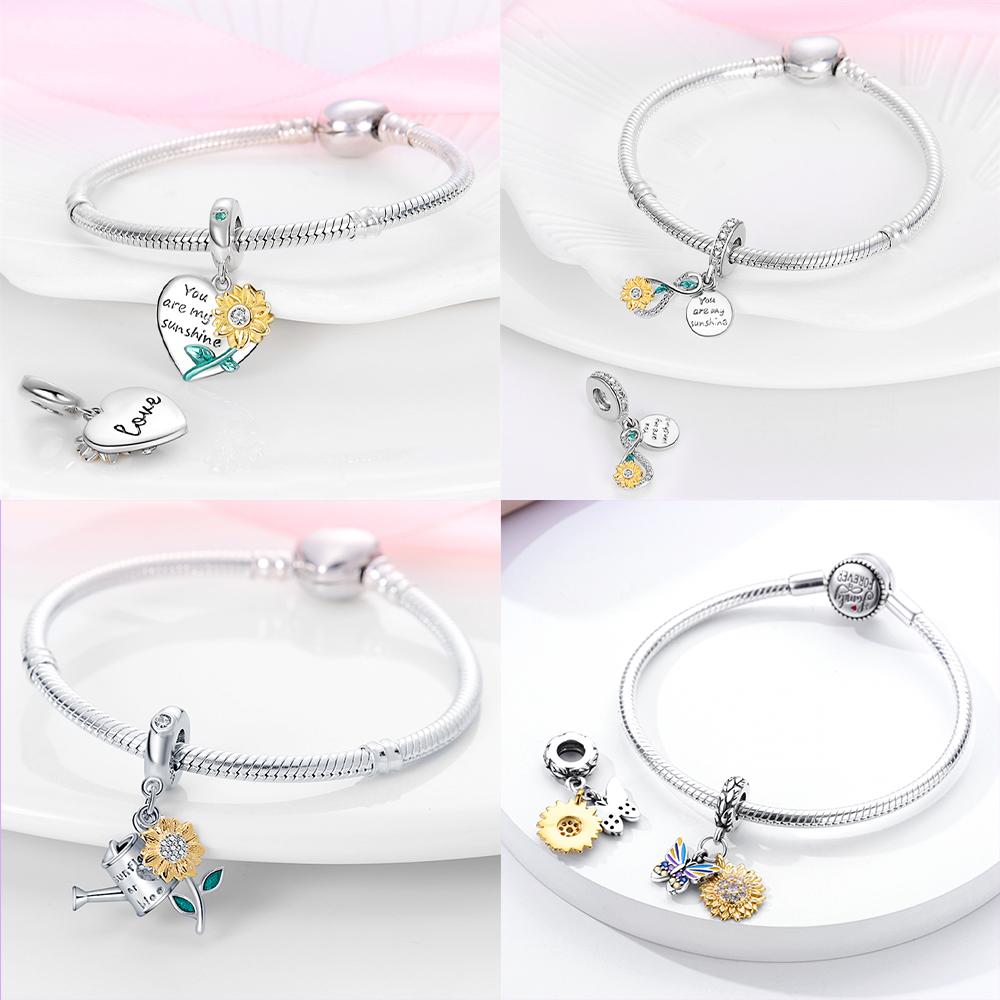 925 Silver Heart Golden Sunflower Charms Flower Pendants Fit 925 Bracelet Necklace Women DIY Party Jewelry Fine Gift
