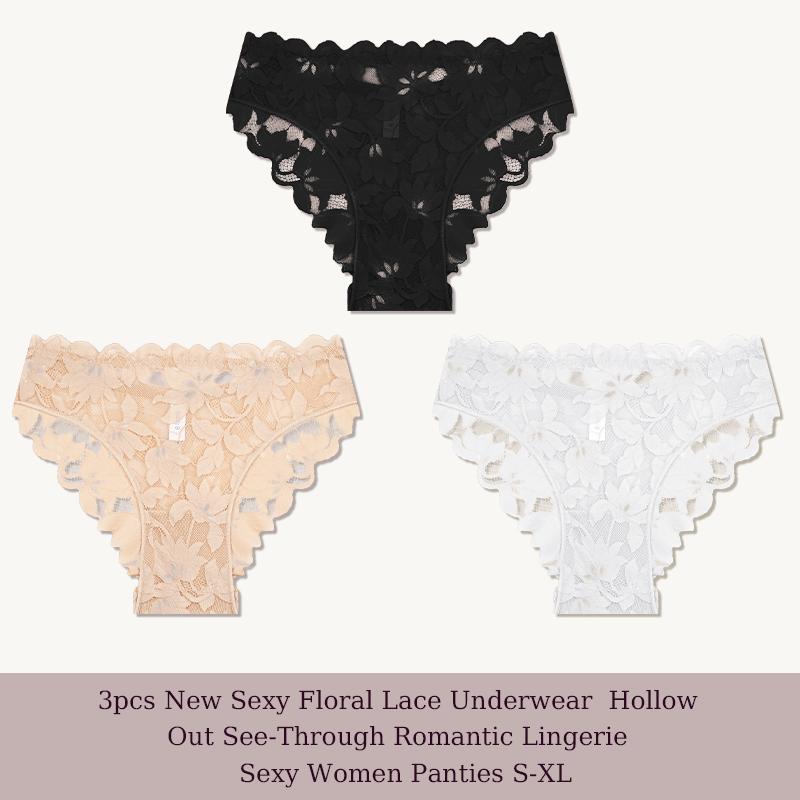 3 Piezas/Set Sexy Encaje Floral Conjuntos de Bragas Ropa Interior Hueco Transparente Romántica Lencería Ropa Interior Sexy Bragas para Mujer S-XL