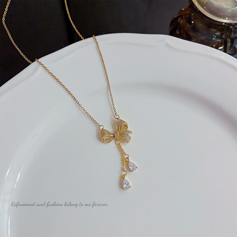 Titanium Steel Bow Tassel Luxury Necklace