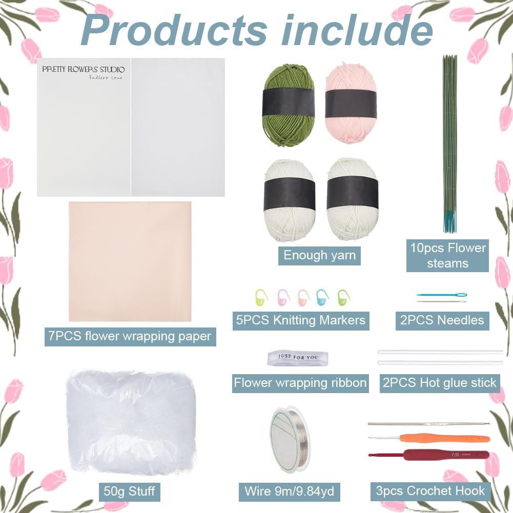 ORIGACH 10 Set Crochet Kit for Beginner Adults, Crochet Cute Rabbit Flower Bouquet Starter Crochet Kit with Step by Step Video Tutorial, Instruction,