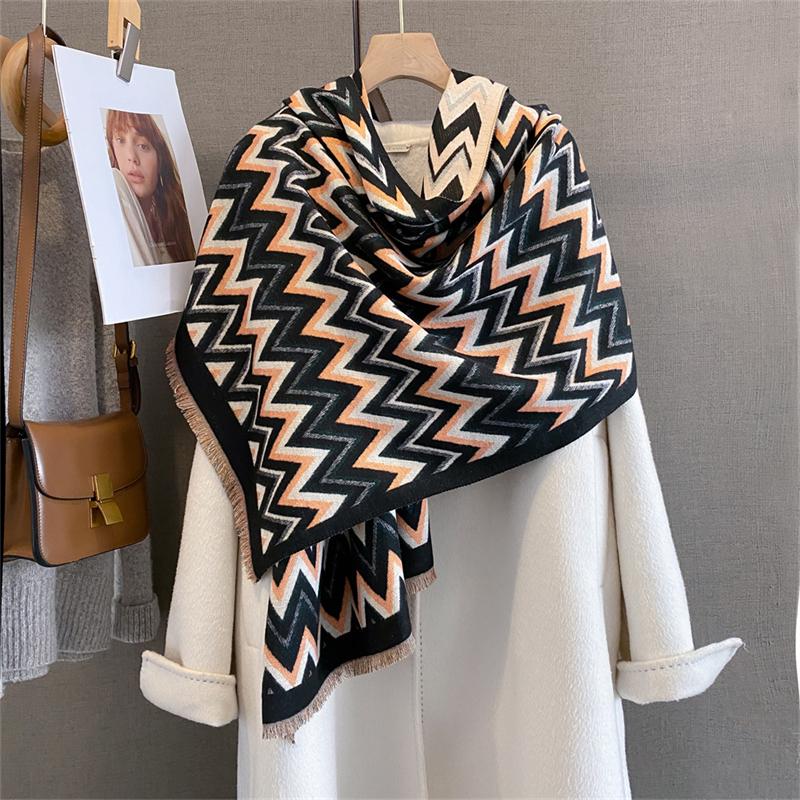 Luxury Brand Cashmere Women Stripe Scarf Winter Warm Shawl and Wrap Bandana Pashmina Female Foulard Square Thick Blanket Poncho