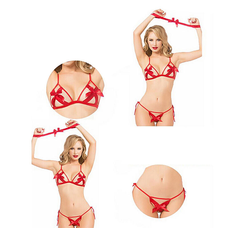 Sexy Dessous-Set mit Schleife, hohler BH, offene Brust, Puppengurt, G-String und Handschellen-Set