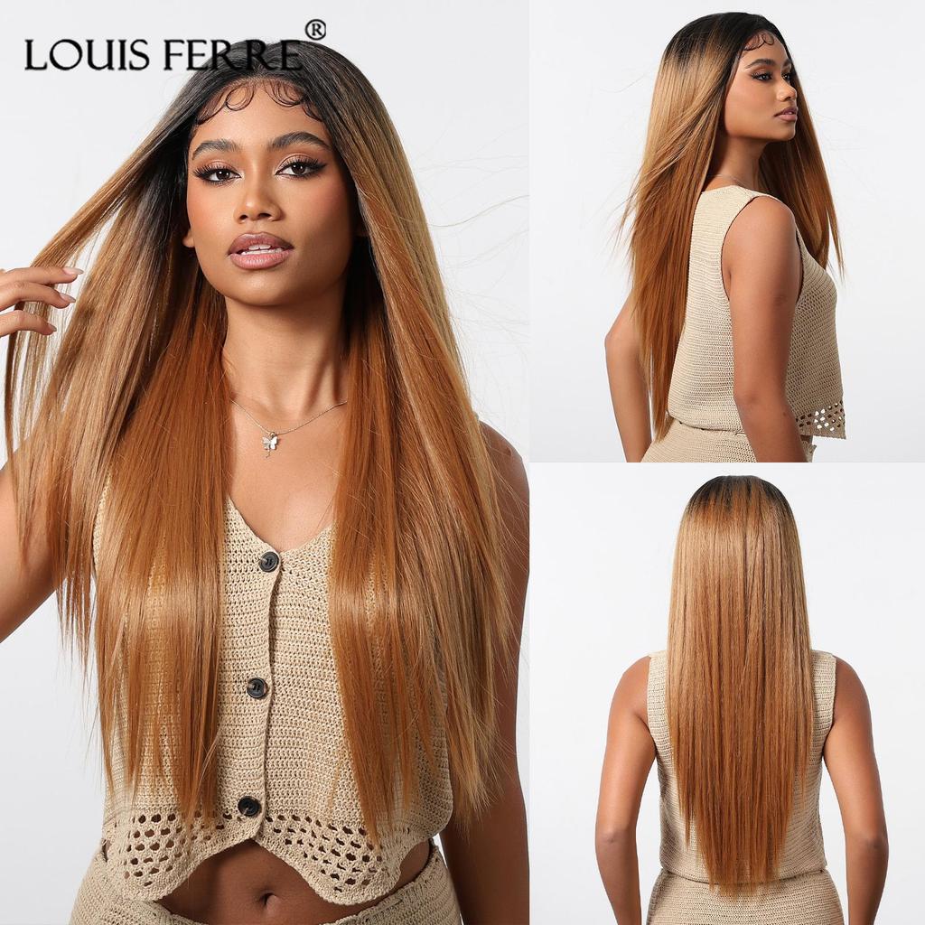 Synthetic 13x6 Lace Wigs Long Brown Ombre Blonde Straight Wig  for Women Daily Party Heat Resistant Fiber Wigs