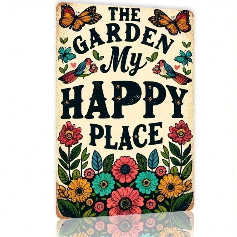 Metal Wall Art Poster 8x12 Inch My Garden My Happiness Butterflies Flowers Kitchen Decor