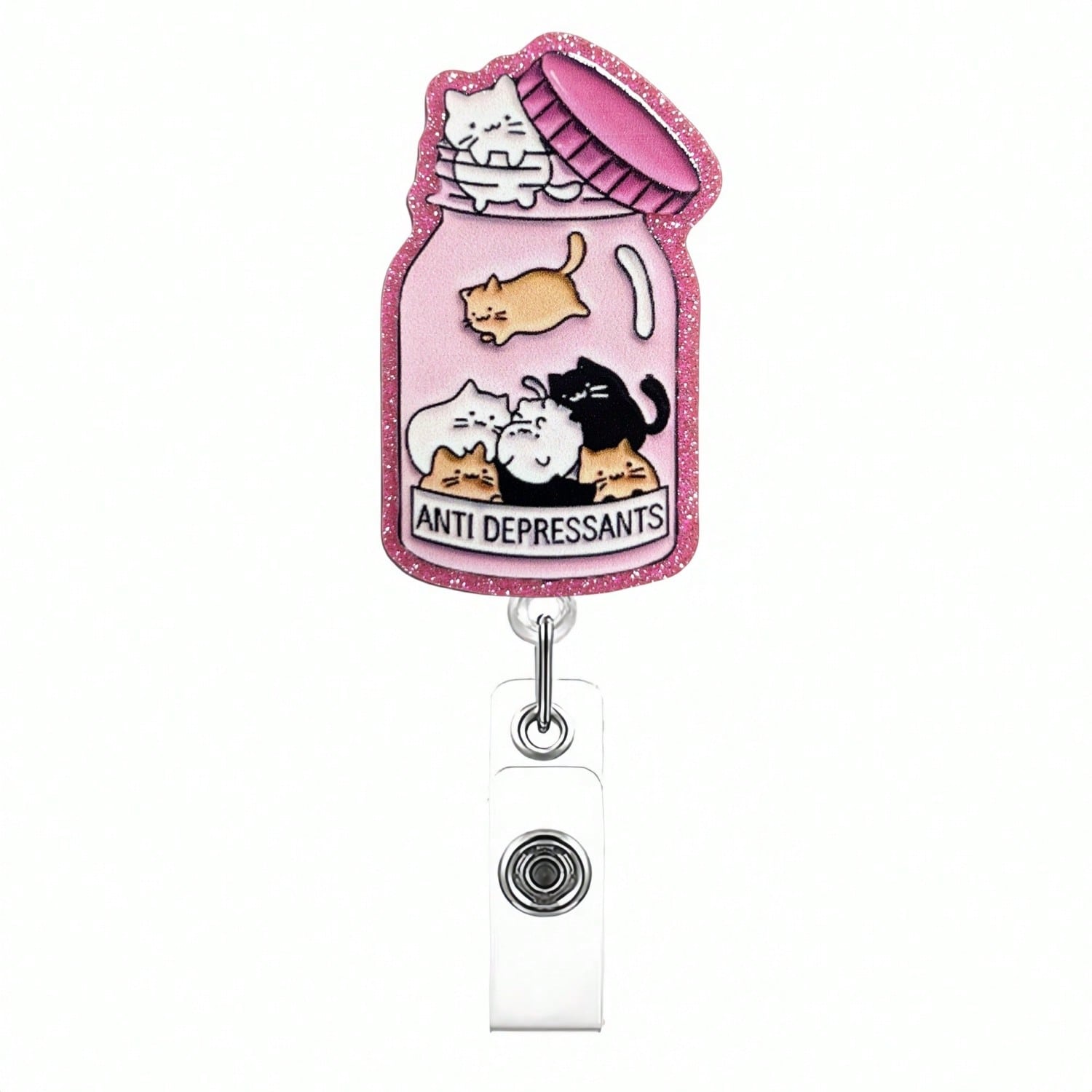 Cat Anti Depressants Badge Reel, Funny Cat Medicine Bottle Acrylic Badge Reels Retractable, Name Badge Holder Reel ID Clip Nurse Badge Accessory for one-size розовый