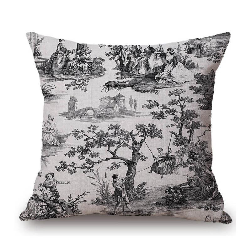 Marineblau Delfter Blau Toile De Jouy Musterdesign Königlich Elegant Heimdekorativ Sofa Überwurf Kissenbezug Baumwolle Leinen Kissenbezug