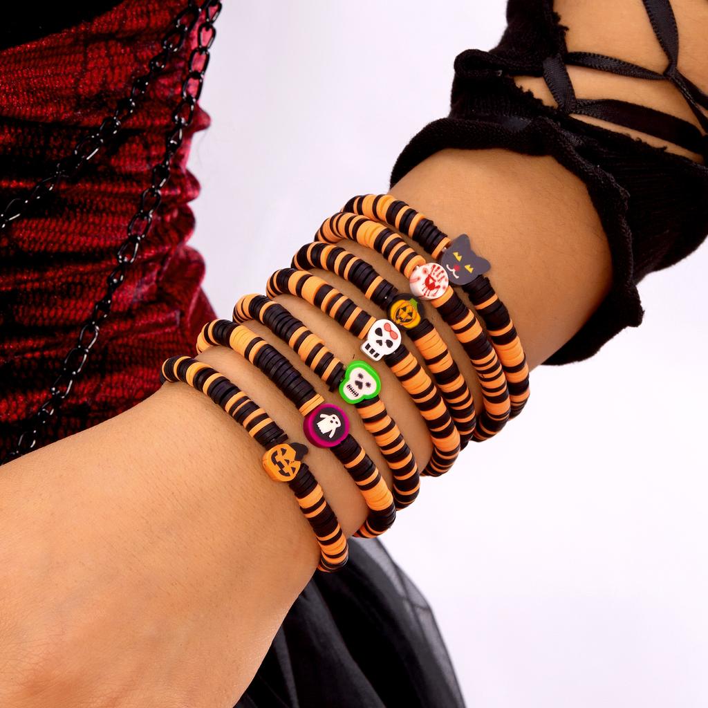 Halloween Skeleton Ghost Pumpkin Pattern Bracelet For Women Soft Clay Pottery Beaded Bangles Party All Saints' Day Jewelry Gift