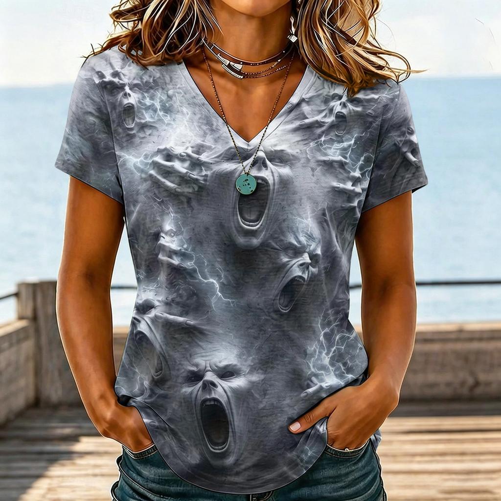 T-shirt décontracté à col en V pour femme avec imprimé Halloween pour fête de vacances et usage quotidien