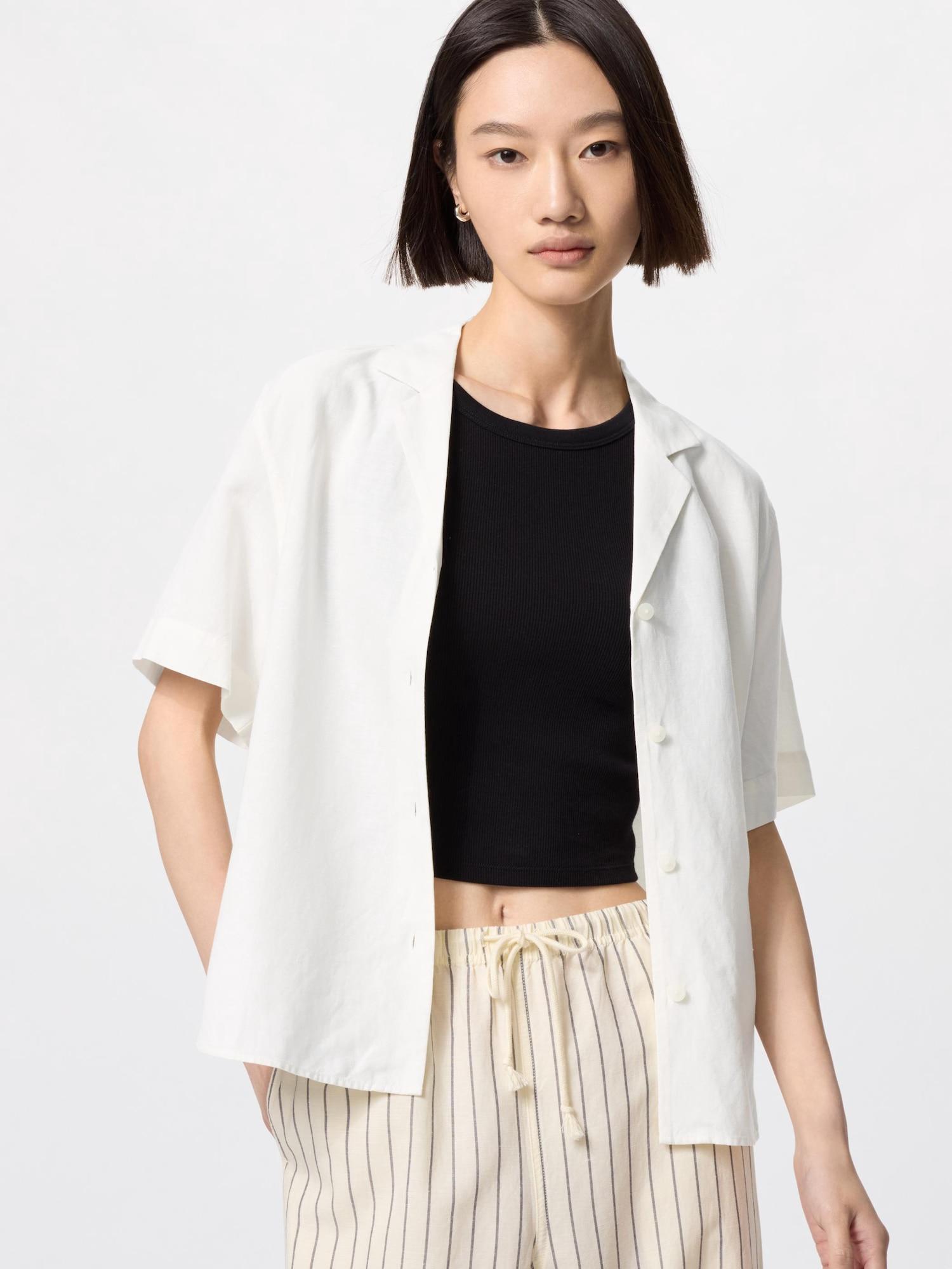 

Рубашка Uniqlo из смесового льна с открытым воротником, короткий рукав 01 OFF WHITE/WOMEN M