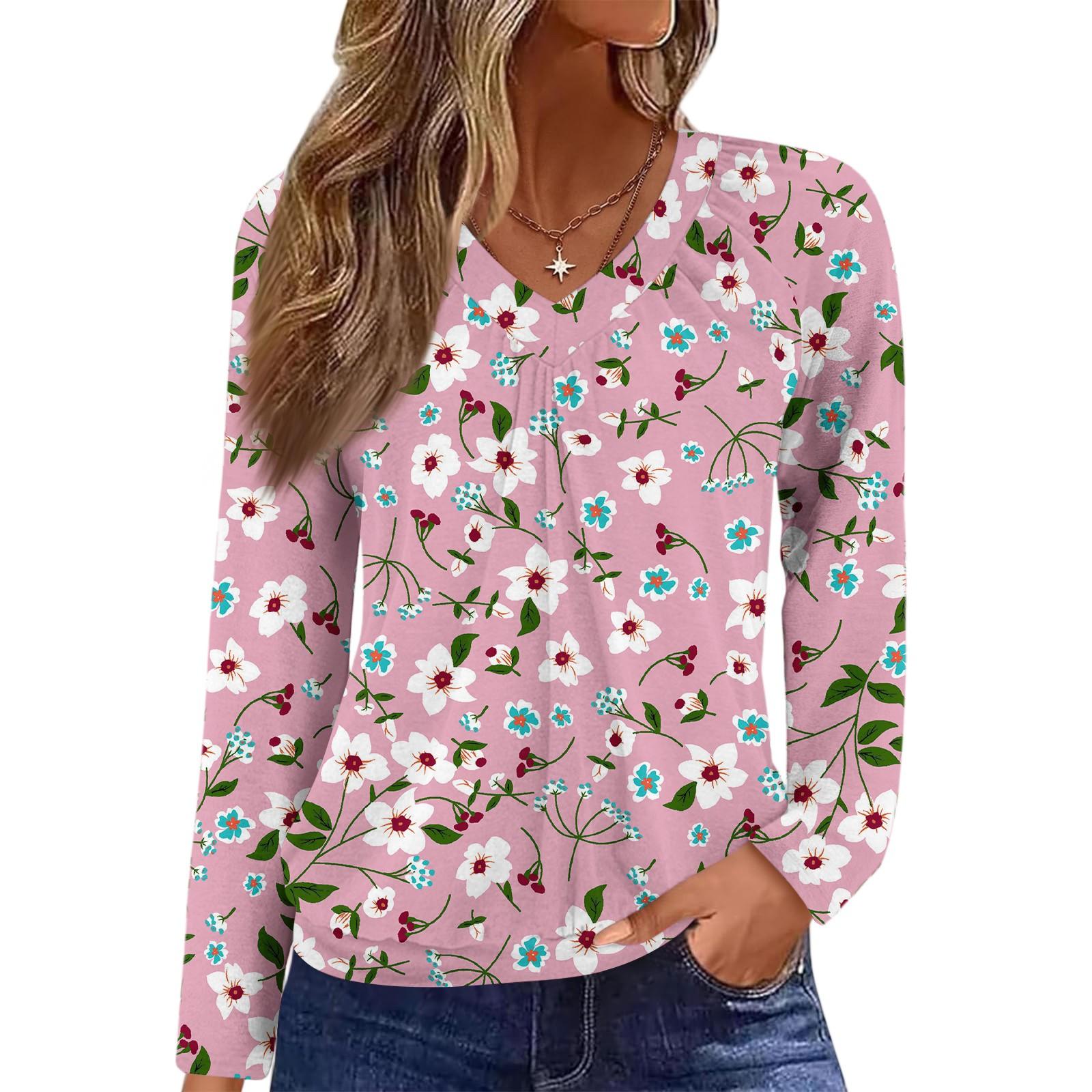 

Женский повседневный модный топ с V-образным вырезом, рукавами реглан, плиссировкой и цветочным принтом, с длинным рукавом L розовый