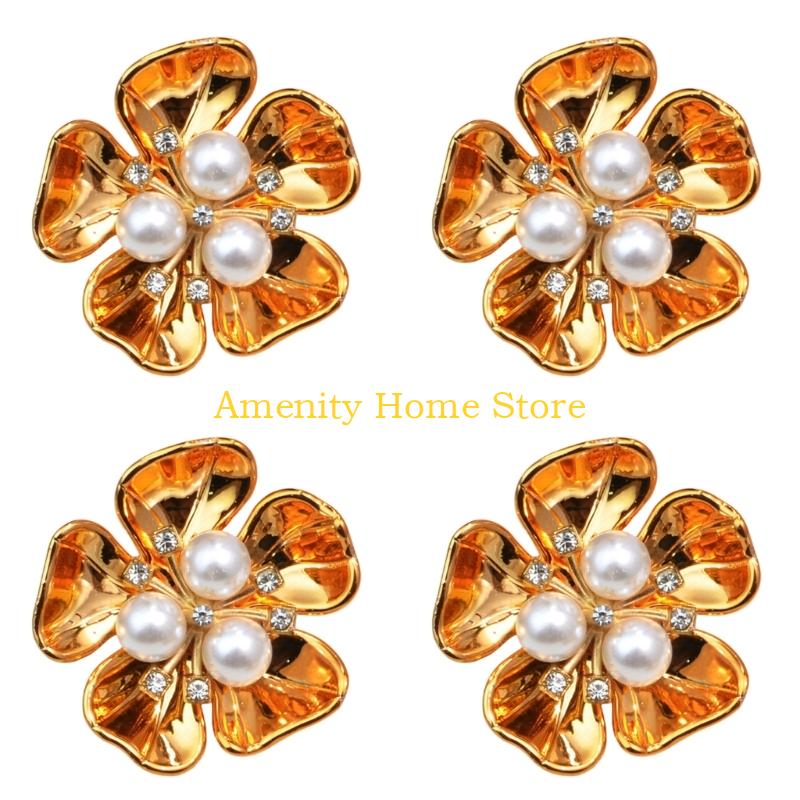 F26C 4Pcs Decorative Shirt Button Covers Pearls Rhinestones Embellished Cufflinks Clips For Shirt Jackets Dress Decoration