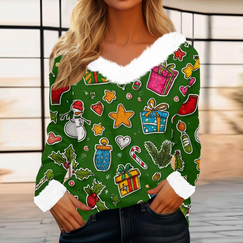 Women's Casual Fashion Long Sleeve Christmas Printed Flannel Collar Top